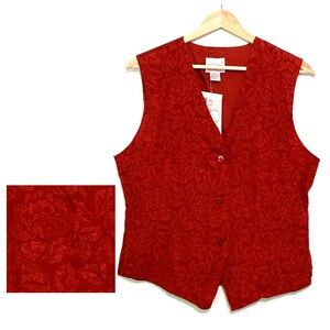 Vintage 80s Denim Republic Red Jacquard Silk Vest 3 Button Front Close Large NWT